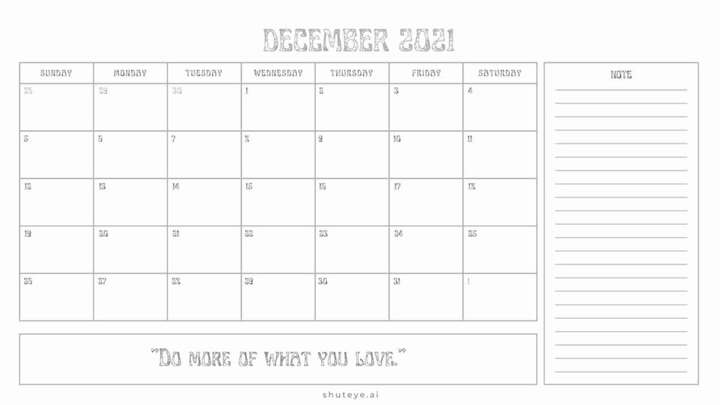 Printer friendly December Calendar 201