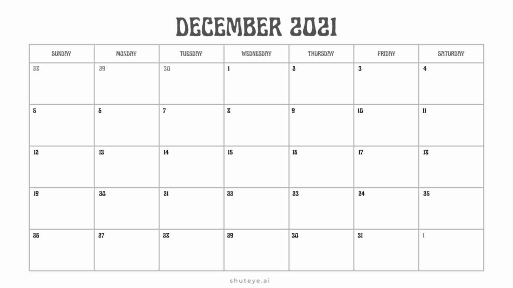 Printer friendly December Calendar 201