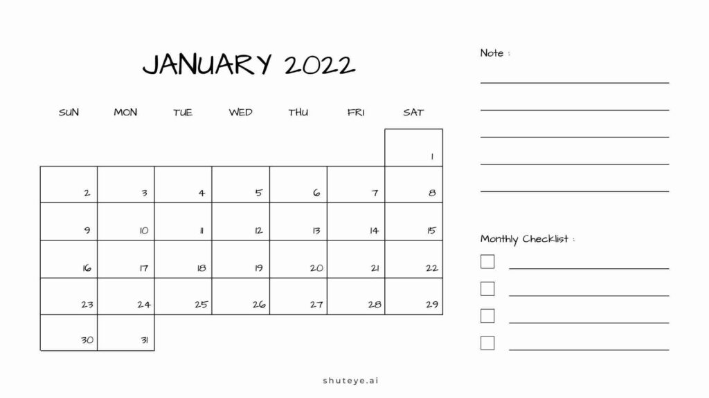 ShutEye Printer-friendly January Calendar 2022