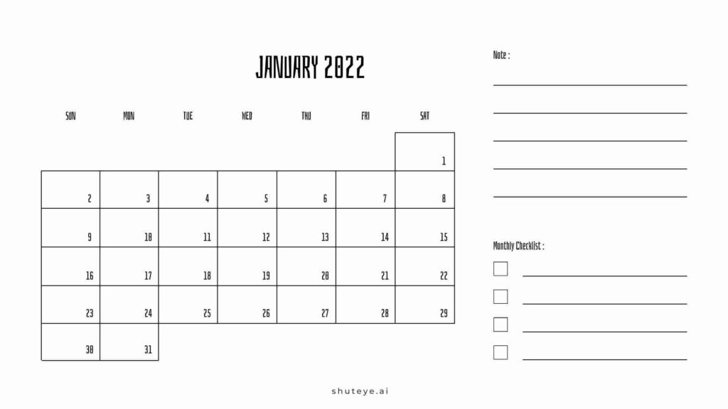 ShutEye Printer-friendly January Calendar 2022