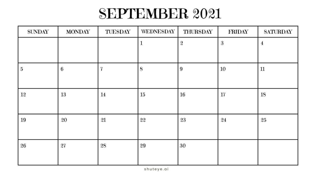 ShutEye Free Printable September Calendar 2021